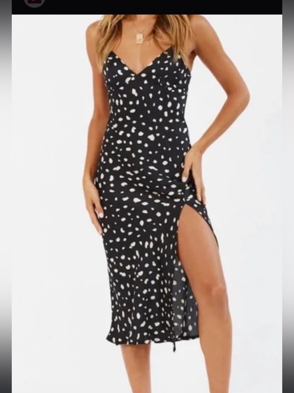 Black and White Polka Dot V-Neck Midi Dress Adjustable Straps Leg Slit Size M